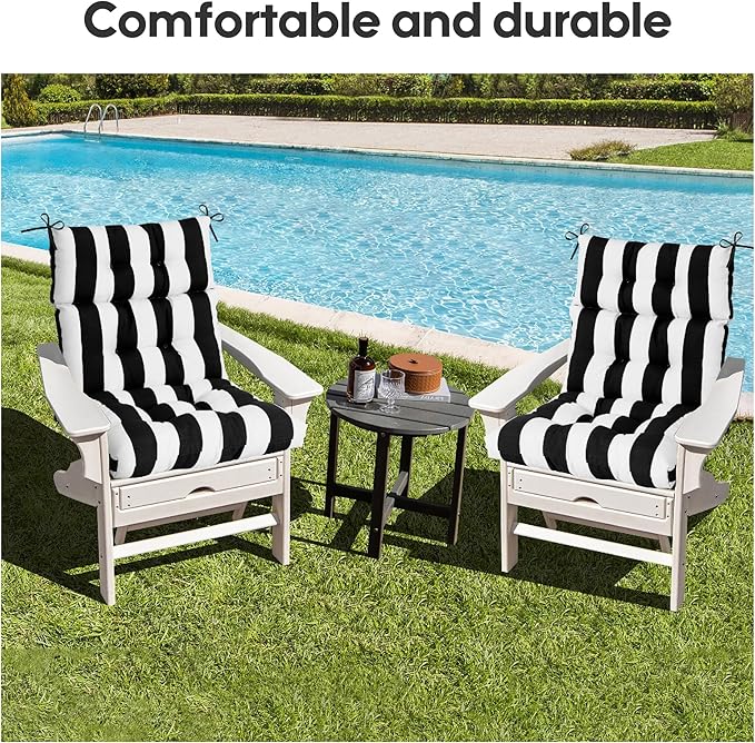 Only choice High Back Adirondack Chair Cushion Set of 2-44”x 22”x 4” Waterproof, Fade-Resistant Outdoor Rocking Chair Cushions for Patio, Garden, Porch (2, Black White Stripes)
