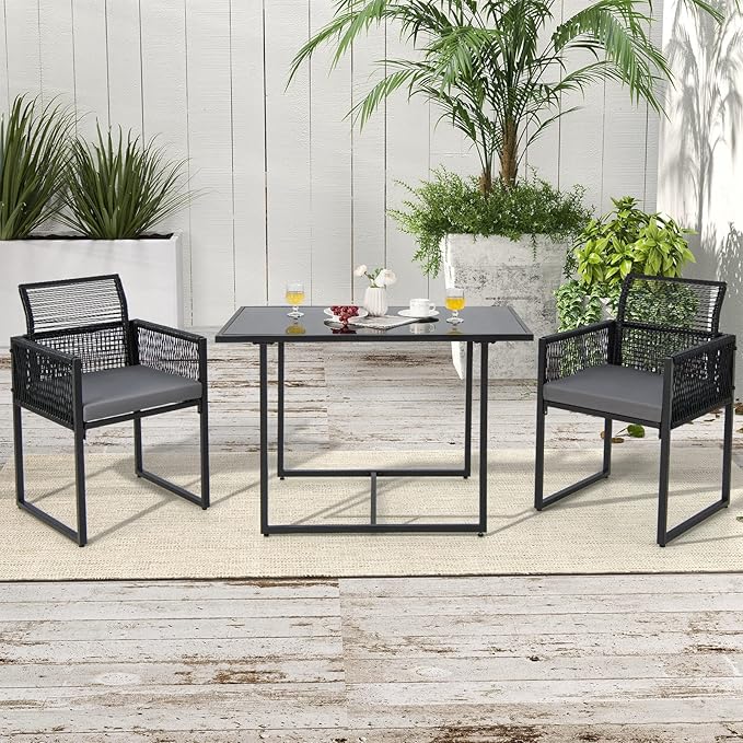 Tangkula 3 Pieces Outdoor Dining Set, Patio PE Rattan Furniture Set with Folding Backrest, Cozy Seat Cushions, Tempered Glass Tabletop, Space-Saving Rattan Chair Table Set for Backyard, Poolside