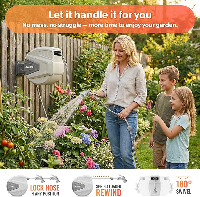 Ayleid Retractable Garden Hose Reel,1/2 in x 65 ft Wall Mounted Hose Reel, with 9- Function Sprayer Nozzle, Any Length Lock/Slow Return System/Wall Mounted/180°Swivel Bracket (Gray)