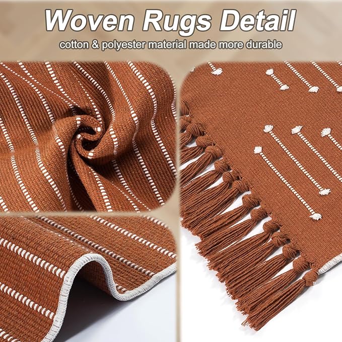LIVEBOX Burnt Orange Bathroom Rug, Fall Washable Cotton Throw Rug for Bath Entryway Kitchen Sink, Boho Woven Front Door Halloween Decor Rugs with Tassel (2'x3')