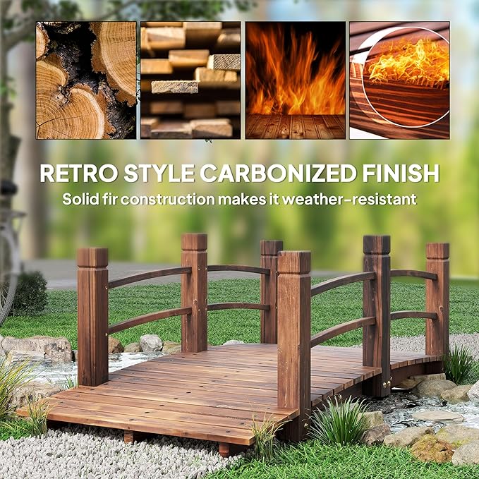 Outsunny Fir Wood Garden Bridge Arc Walkway with Side Railings for Backyards, Gardens, and Streams, Stained Wood, 60" x 26.5" x 19"