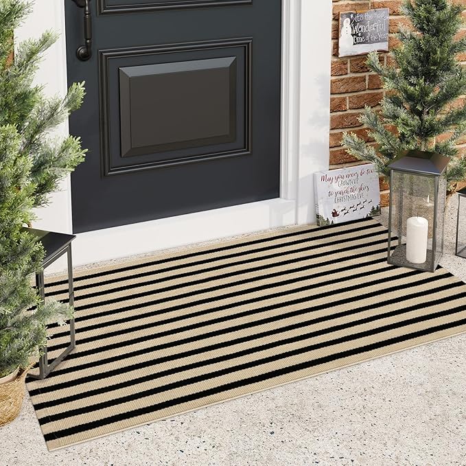Outdoor Rug Front Door Mat 2'x4.3', Cotton Indoor Doormat Washable Black and Tan Striped Rug, Stain Resistant Reversible Layered Door Mats for Entryway/Farmhouse/Home Entrance