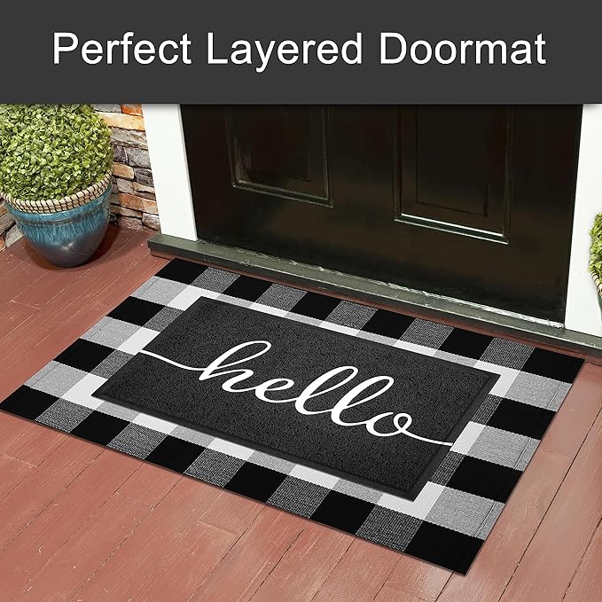 KILOCOCO Outdoor Mat Front Door Mat Welcome Mats Low Pile Doormat Entrance Non-Slip High Traffic Area Easy Clean Rubber Backed Entry Mats Hello Doormats for Garage Yard Patio Kitchen Indoor,18"x30"