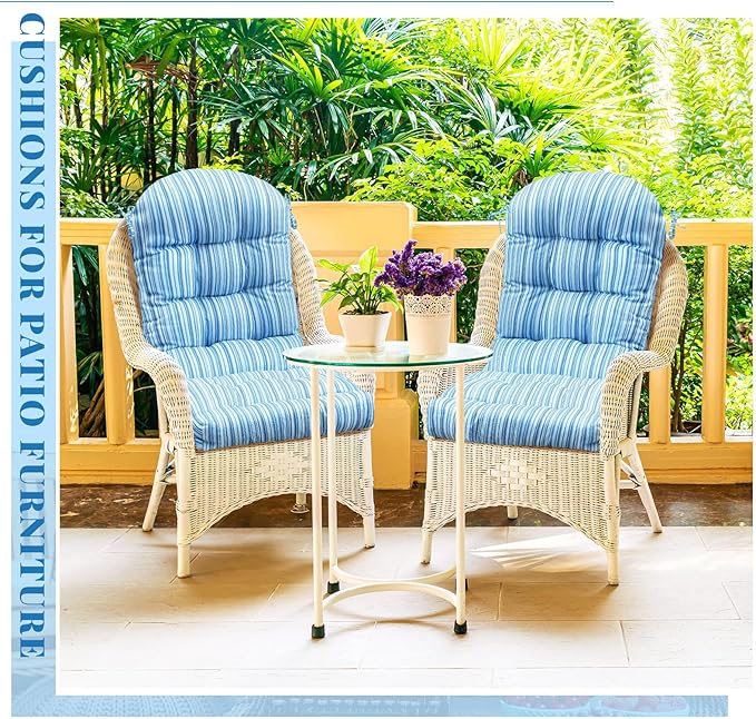 Geelin 4 Pcs Adirondack Chair Cushion High Back Patio Rocking Chair Cushion 44 x 19 x 4 Inch Tufted Weather Resistant Fade Resistant Seat for Patio Rocking Seat (Blue Stripes)