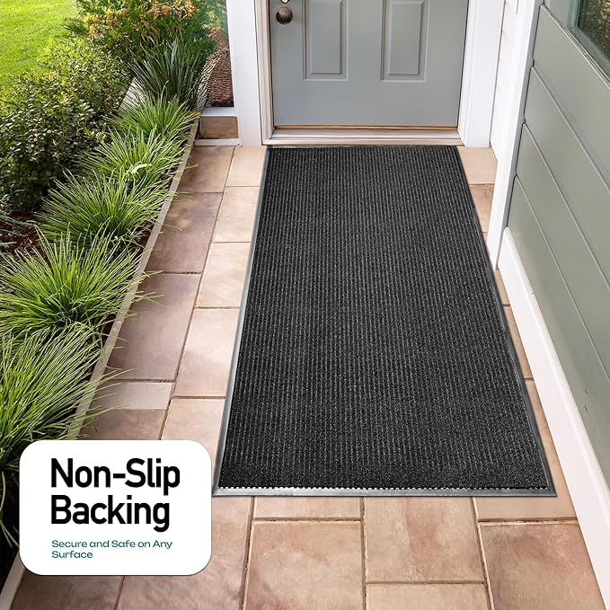 LuxUrux 4x6 Ft Premium Rubber Door Mat – Elegant Heavy Duty Waterproof Entrance Mat for Indoor/Outdoor Use, Non-Slip, Easy to Clean Low-Profile Doormat – Modern Black Striped Design for Home & Office