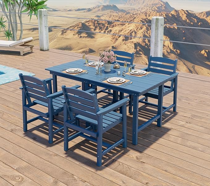 Anbuy Patio HDPE Dining Table Set, 5-Piece Outdoor Dining Table Sets, 2 in 1 Outdoor Furniture Table and 4 Outdoor Chairs for Garden, Backyard, Poolside, Easy Assembly, Blue