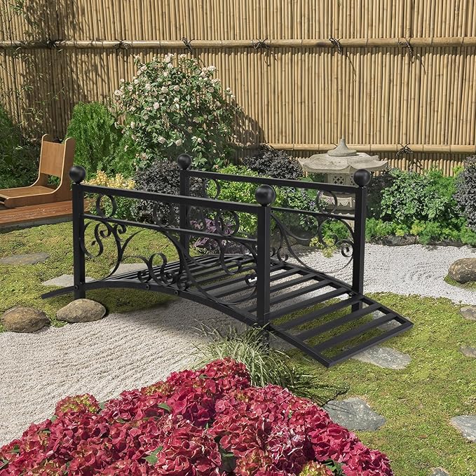 40in Garden Metal Bridges,Courtyard Outdoor Landscape Bridge,Metal Arch Bridge,Decorative Garden Arch Footbridge,with Handrail,for Outside, Backyard, Pond, Lawn, Walkway, Yard, Path (Black)