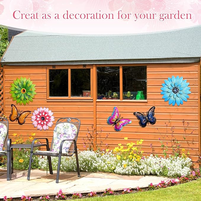 Gisafai 10 Pack Metal Flowers Wall Art Decor Outdoor, 3D 6 Pcs Daisy Flowers 4 Pcs Butterfly Metal Wall Art Fence Hanging for Fence, Patio, Garden, Backyard, Lawn, Balcony(Classic)
