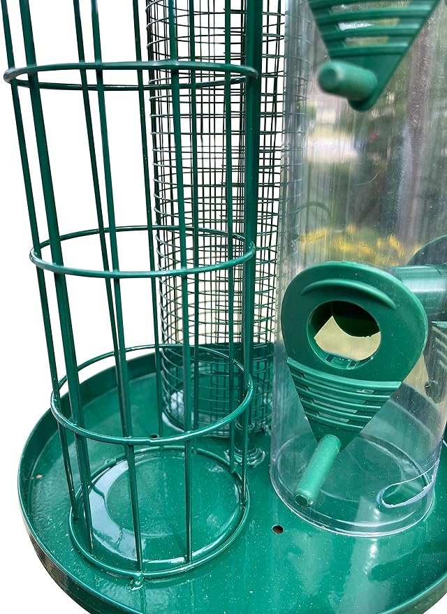 Garden Guru Outdoor Tube Bird Feeder for Small Wild Birds – Premium Coated Steel & Metal Seed Guard - Chew Proof, Weather Resistant – Bird Feeder for Seed Nut Suet Ball - 3-in-1 Triple Bird Feeder