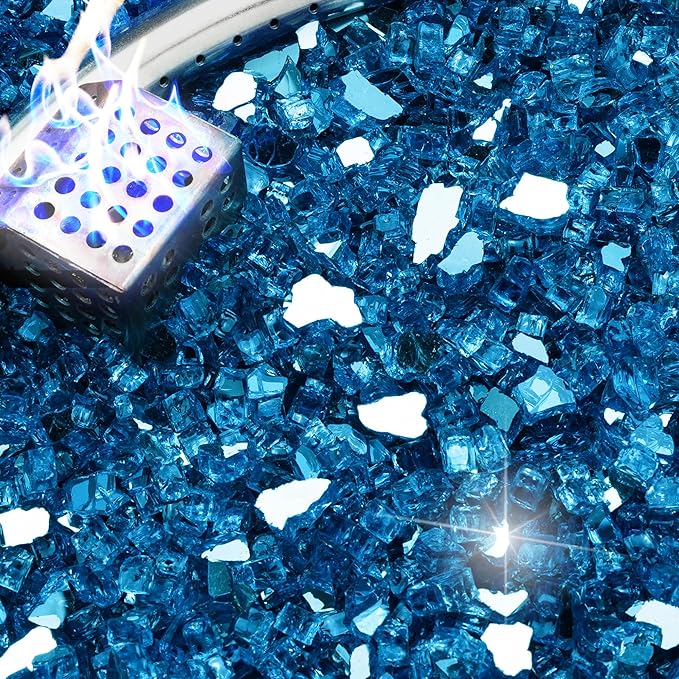 NUPICK 5 Pound Fire Glass, 1/4 Inch Reflective Fire Pit Glass, Tempered Firepit Glass Rock for Propane or Natural Gas, Glass Rocks for Fire Pit Table or Fireplace, Pacific Blue Reflective