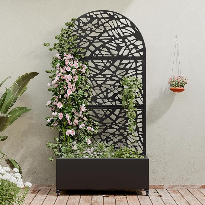 Casaphoria Metal Raised Garden Bed with Trellis and Wheels, 72"x35"x16" Arched Planter Box for Climbing Plants, Vegetables & Vines, Features Drainage Holes and Privacy Screen (Black-Net)