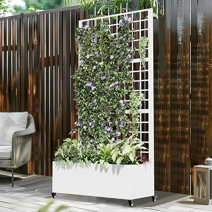 Casaphoria Metal Raised Garden Bed with Trellis and Wheels, 72"x35"x16" Planter Box for Climbing Plants, Vegetables & Vines, Features Drainage Holes and Privacy Screen (White-Grid)