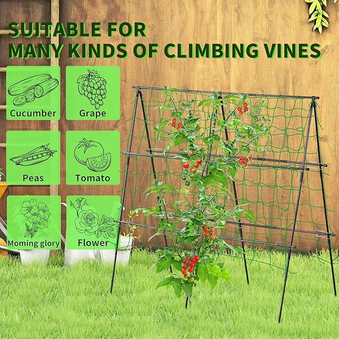 Lalahoni Cucumber Trellis, 4ft x 4ft Metal A-Frame Garden Trellis Climbing Plant Outdoor Support Fruit Grape Vine Vegetable Tomato Pea Bean Cucumber Trellis Raised Bed, with Netting, Black