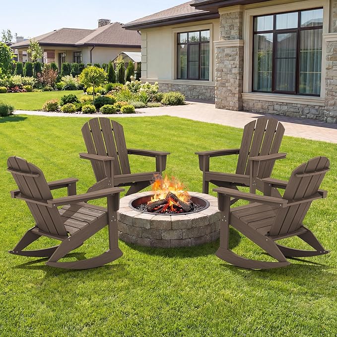 SERWALL Outdoor Adirondack Rocking Chairs Set of 4, All-Weather HDPE Adirondack Rocker Chair, Front Porch Rocker Chairs for Patio Lawn Porch Deck, Coffee
