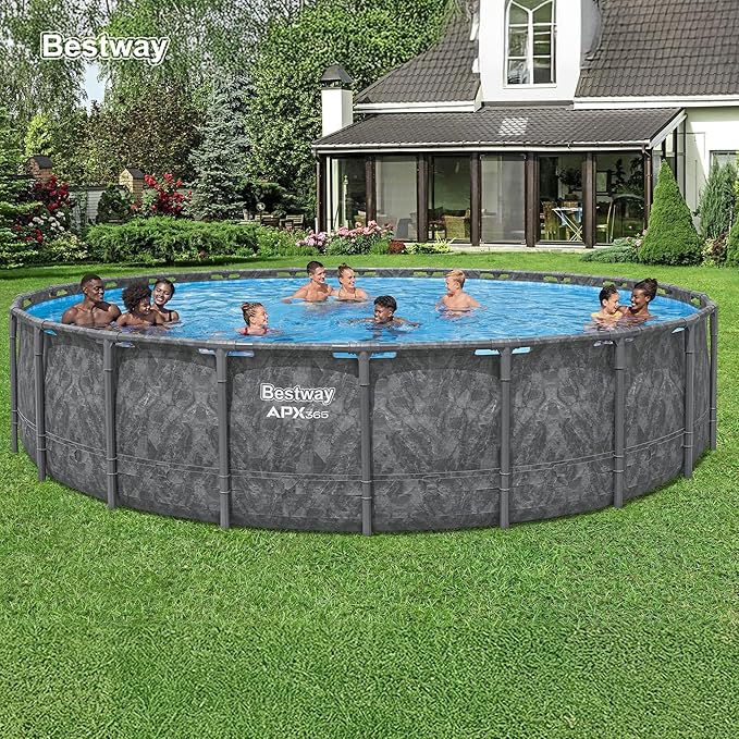 Bestway APX 365 16' x 48" Above Ground Pool, Round Metal Frame Outdoor Swimming Pool Set with Sand Filter Pump, Ladder, and Cover, Dark Marble