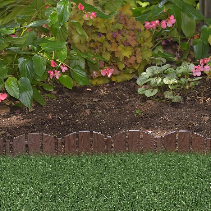 EasyFlex No-Dig Landscape Edging with Anchoring Spikes, 4.5 in. Tall Decorative Adirondack Wood-Look Fence Garden Border, 60 Foot Kit, Brown