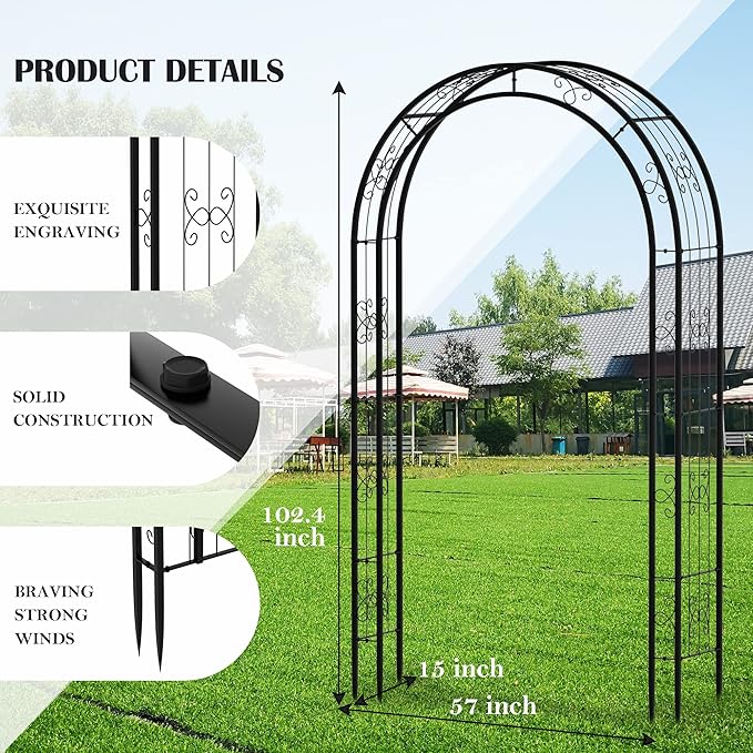 102in Steel Garden Arch Arbor Trellis for Climbing Plants Outdoor,Yard,Wide Sturdy Durable Garden Arch for Lawn,8.5ft Climbing Plants Decorative Wire Lattice,Outdoor Wedding Arch(Black)