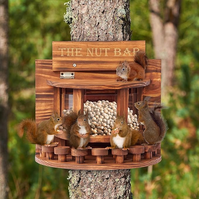 MIXUMON Crescent Squirrel Feeder Table, Wooden Squirrel Picnic Table Feeder, Outside Squirrel Feeders Corn Cob, with Solid Structure, Stable Squirrels Stool Bar, 12.6 x 13.3 x 6.7 Inches