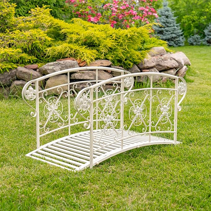 Zaer Ltd. Decorative Iron Garden Bridge, 40.5 x 22 x 22 inches, Antique Bronze or White, Floral Design (Antique White)
