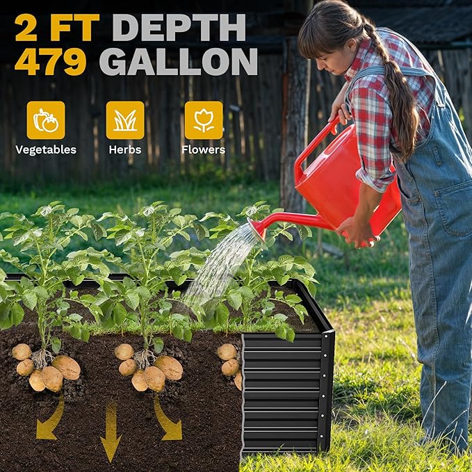 DWVO 8 x 4 x 2 FT Raised Garden Bed Kit, Outdoor Galvanized Flower Bed with Safety Rubber and Gloves, Large Metal Planter Box for Vegetables, Flowers, Herbs, Fruits, Black