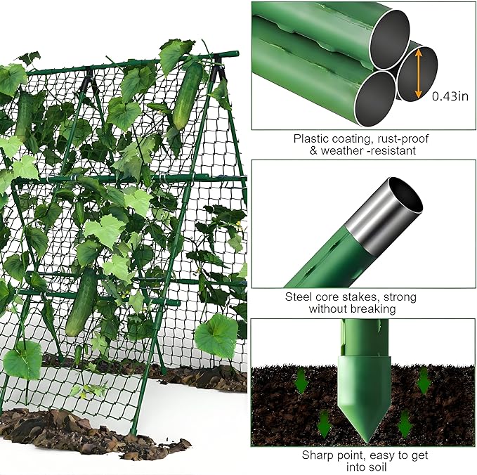 Cucumber Trellis, 4ft x 4ft Green Metal A-Frame Garden Trellis for Climbing Plants – Support for Cucumbers, Tomatoes, Peas, Beans, and Vines, Includes Netting, Fits Raised Beds