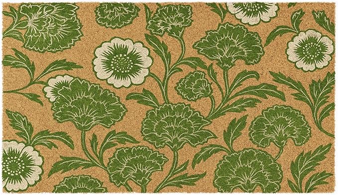 Coir Door Mat, Floral Print Entryway Floor Mats with Non-Slip PVC Backing, Indoor Outdoor Mat for Front Door Decor, Door Mat, Welcome Mats with Chelsea Flower Print, Green, 30”x 17”