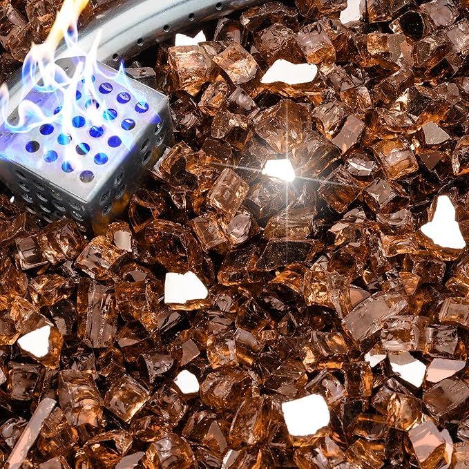 NUPICK 5 Pound Fire Glass, 1/2 Inch Reflective Fire Pit Glass, Tempered Firepit Glass Rock for Propane or Natural Gas, Glass Rocks for Fire Pit Table, Fireplace Glass for Landscaping, Copper