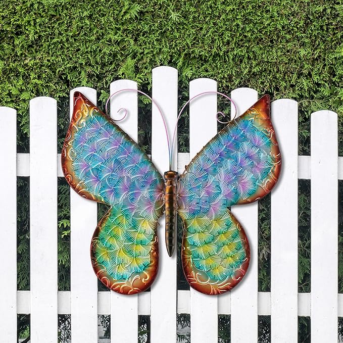 Glitzhome Metal Butterfly Wall Decor, 20 "H Colorful Metal Wall Art with Hand Painted Distressed Finish and 3D Embossed Texture, Outdoor Porch Patio Home Wall Accent