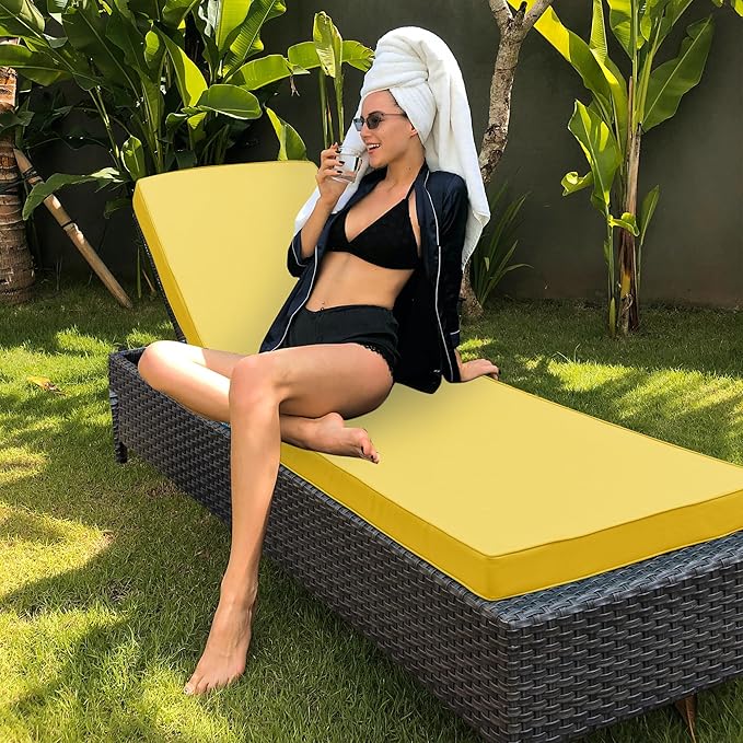 Chaise Lounge Cushion Outdoor, Waterproof and Stain-Resistant Lounge Deck Reclining Chair Cushions for Patio Furniture Lawn Pool Resort Hotel, 72x21x3 Inch, Set of 4, Yellow