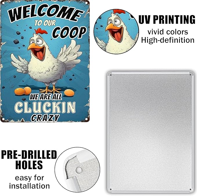 Funny Chicken Signs for Coop-Metal Chicken Signs,Chicken Tin Sign Gifts for Home Farm Chicken Coop Farmhouse Kicthen Garden Decor (Welcome To Our Coop) 8 x 12 inch