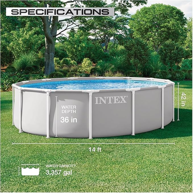 INTEX 26719EP Prism Frame Above Ground Swimming Pool Set: 14ft x 42in – Includes 1000 GPH Cartridge Filter Pump – Removable Ladder – Pool Cover – Ground Cloth