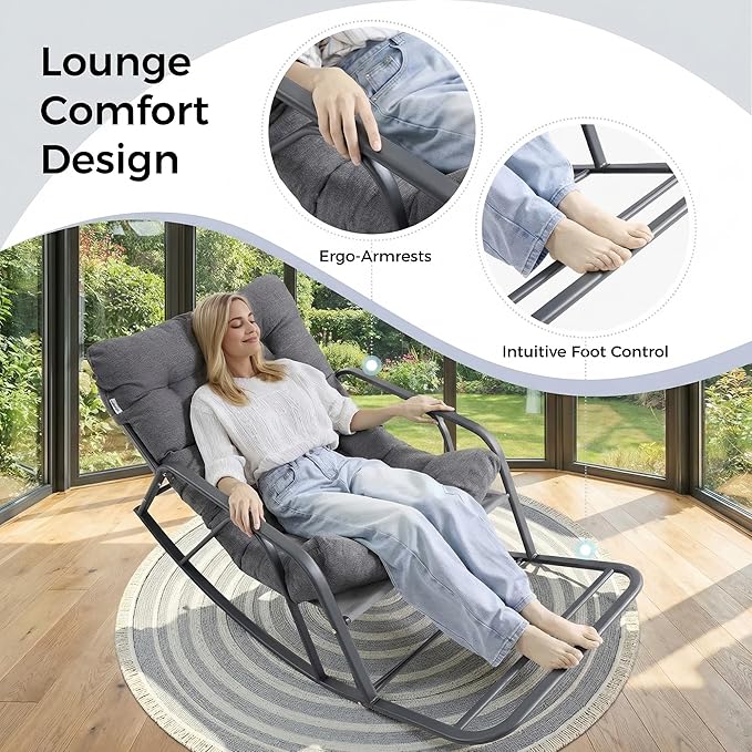 IRONCK Patio Rocking Chair with Armrest and Footrest, Indoor Outdoor Rocking Chair with Cushion, Oversized Lounge Rocker for Garden, Living Room, Balcony, Porch, Gray