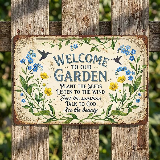 Religious Garden Tin Sign - "Welcome to Our Garden" Inspirational Metal Plaque - 8x12 Aluminum Christian Wall Decor with Bible Verse - Metal Sign Spiritual Gifts for Shed, Mom, Grandma, Prayer Garden