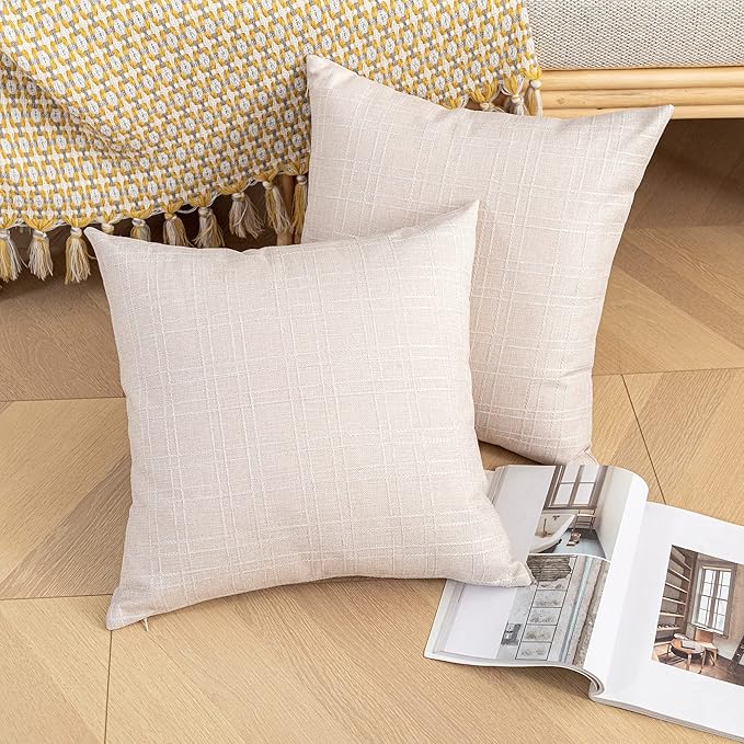 Kevin Textile Pack of 2 Decorative Outdoor Waterproof Checkered Pillow Covers Square Garden Cushion Sham Throw Pillowcase Shell for Patio Tent Couch 24x24 Inch Light Beige