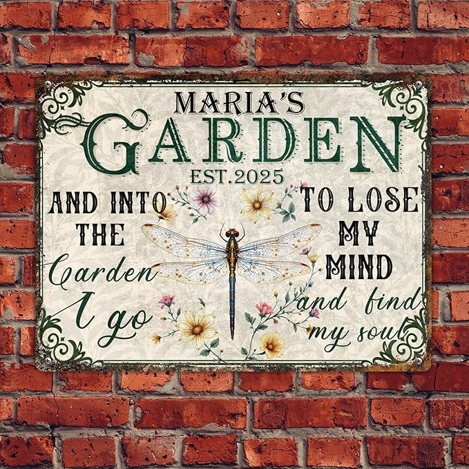Custom Garden Signs Personalized Metal Tin Sign for Women, Retro Funny Dragonfly Metal Sign for Outdoor, Patio, Yard Rustic Home Decor Gift for Mothers Day, Grandmas, and Gardening Lovers