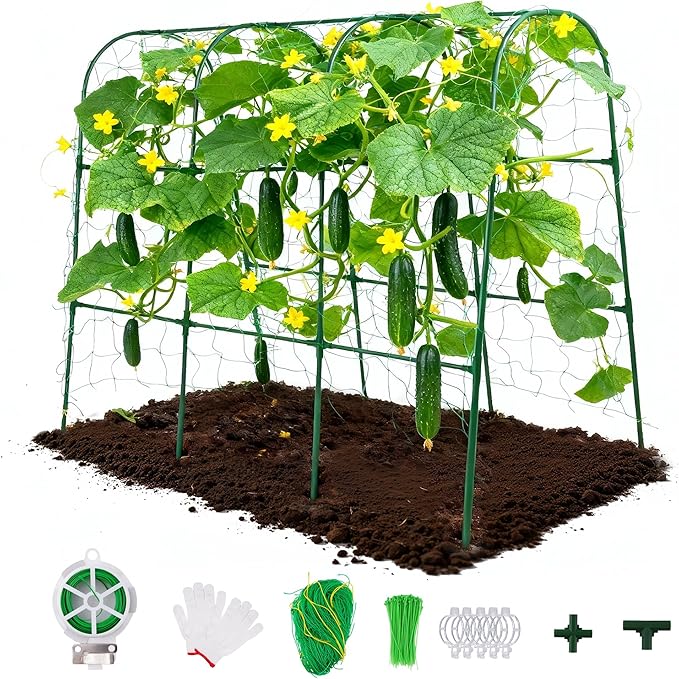 Cucumber Trellis for Raised Garden Bed,U-Shape Plant Support Metel Trellis for Climbing Plants Arch Trellis with Netting for Outdoor Cucumbers, Tomatoes, Vine Climbing Plant(47.2''X32''x47.2''(LxWxH))