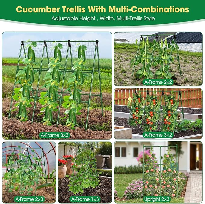 51x53 Inch Cucumber Trellis for Raised Bed,Foldable A-Frame Garden Trellis for Climbing Plants Outdoor with Climbing Net,Plastic-Coated Steel Core,for Cucumber Beans and Vine Type Plants ﻿