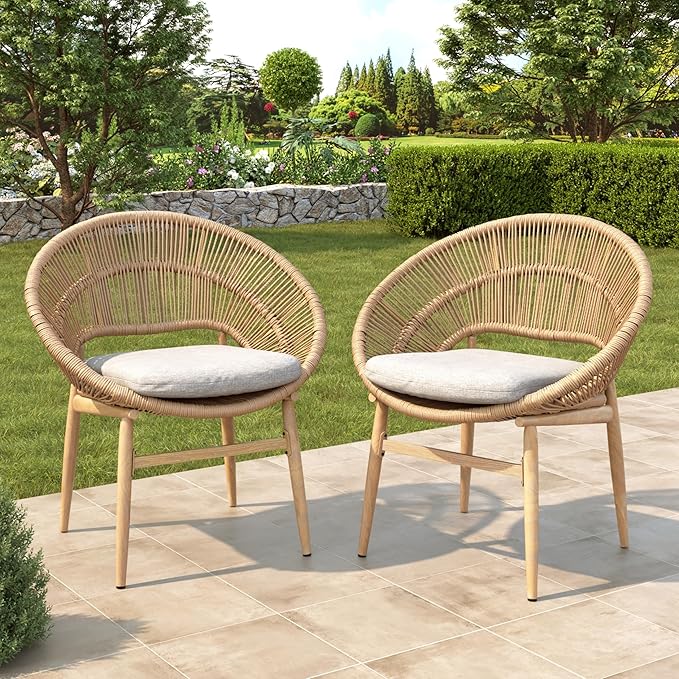 Christopher Knight Home Cyril Papasan Chair Set of 2, Patio Wicker Dining Chair, Patio Furniture Set, Comfy Reading Single Sofa with Cushion, Light Brown+Beige