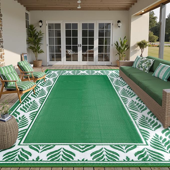HUGEAR 8x10 Patio Waterproof Outdoor Rug Outrside Camping Carpet RV Area Rug Reversible Green Rugs for Deck Entryance Porch Picnic Balcony Beach