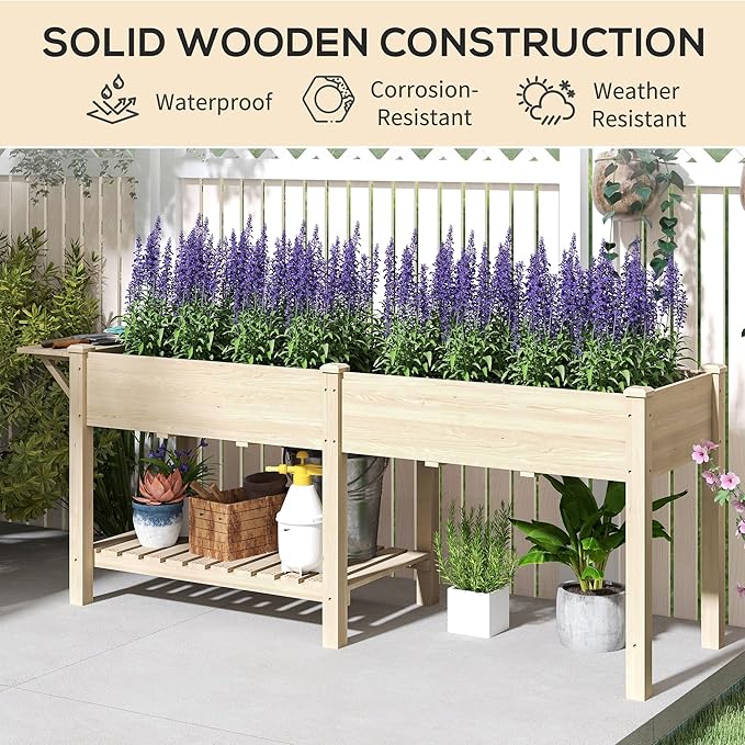 Outsunny Raised Garden Bed, Wood Elevated Planter Box with Side Table, Bottom Shelf, Outdoor Raised Planter with Bed Liners, Drainage Holes for Vegetable Flower, 81.5 x 23 x 31 in, Natural