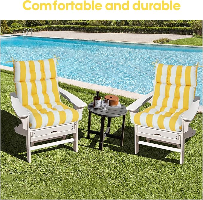 Only choice High Back Adirondack Chair Cushion Set of 2-44”x 22”x 4” Waterproof, Fade-Resistant Outdoor Rocking Chair Cushions for Patio, Garden, Porch (2, Yellow White Stripes)