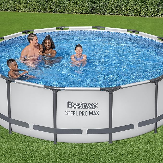 Bestway Steel Pro MAX 14' x 42" Above Ground Pool, Round Metal Frame Outdoor Swimming Pool Set with Filter Pump, Ladder, and Cover, Gray