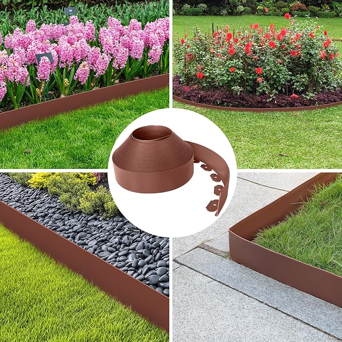 4-Inch x 100 FT Landscape Edging Border with 150 Stakes, Plastic Garden Edging Border Kit, Flexible No Dig Lawn Edging Border for Garden Flower Beds Yard Pathway Paver (Brown)