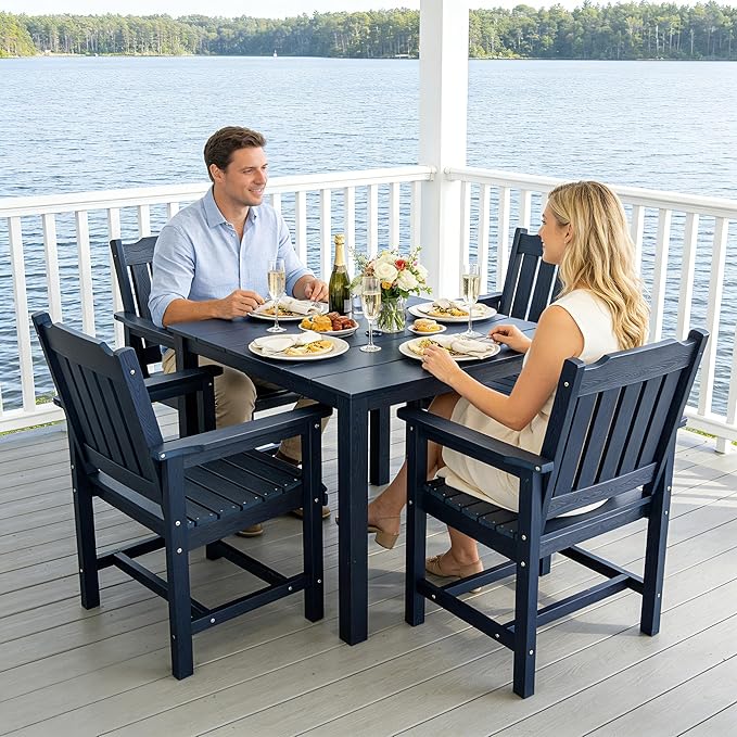 Poly Lumber Patio Dining Set, HIPS Outdoor 36.2-Inches Dining Table and Slat Back Chairs, with Umbrella Hole, Weather Resistant (5 Piece, Navy Blue)