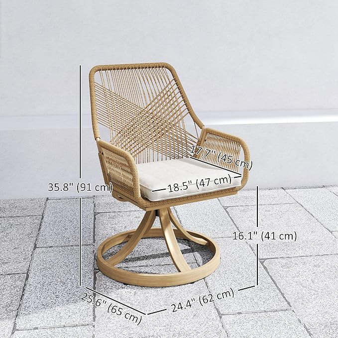Outsunny Swivel Patio Chairs Set of 2, Rattan Outdoor Patio Dining Chairs with Soft Cushions and Metal Frame for Backyard, Lawn, Porch, or Garden, Khaki