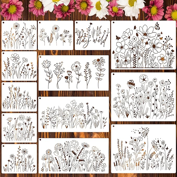 CeeVian Flower Stencils 13 PCS Wildflower Stencils Reusable Template DIY Flower Painting Stencil Floral Stencil for Painting for Painting on Wood Furniture Card Canvas Paper Scrapbook Christmas Gifts