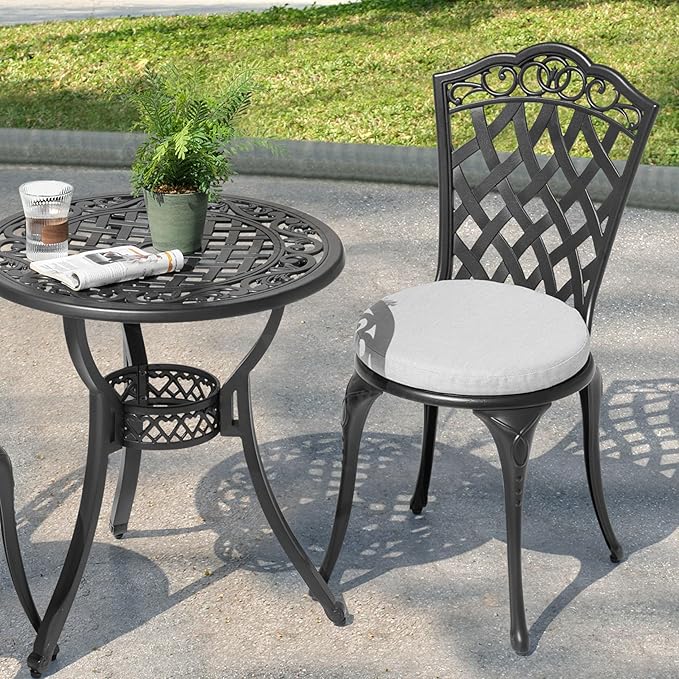 NUU GARDEN Patio Bistro Set 3 Piece, Outdoor Cast Aluminum Bistro Table and Chair Set of 2, Outdoor Patio Bistro Set with Gray Cushions and Umbrella Hole for Balcony, Garden, Lawn, Black
