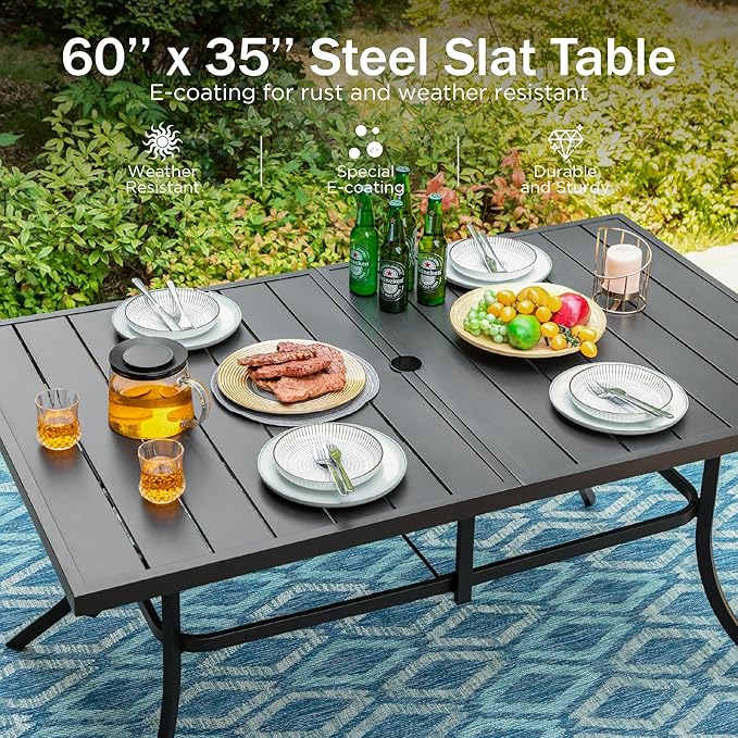 PHI VILLA 7 Piece Outdoor Dining Set for 6, 60” Rectangular Black Metal Table with Umbrella Hole & Stacking Wrought Iron Chairs, Outside Furniture Set for Patio, Deck, Backyard, Porch
