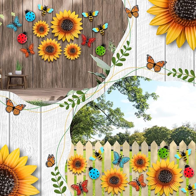 Sweetude 12 Pcs Metal Sunflower Wall Decor Colorful Metal Dragonfly Butterfly Outdoor Decor Garden Fence Patio Yard Flowers Wall Art Summer Flowers Hanging for Home VBS 2025(Novelty Style)