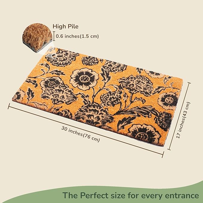 Coir Door Mat, Floral Print Entryway Floor Mats with Non-Slip PVC Backing, Indoor Outdoor Mat for Front Door Decor, Door Mat, Welcome Mats with Chelsea Flower Print, Gray, 30”x 17”